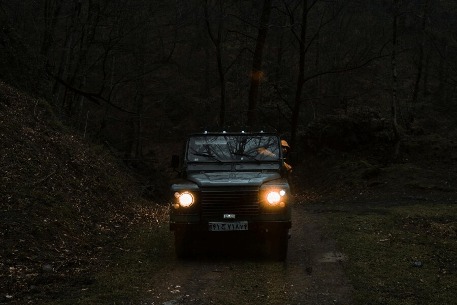 Jazda terénnym vozidlom v noci na lesnej ceste, čo predstavuje zvýšené riziko stretu so zverou. Foto: https://images.pexels.com/photos/9245646/pexels-photo-9245646.jpeg?_gl=1*4ll9eu*_ga*MTYyMTU5NDI2NS4xNzUwNzYzNDA4*_ga_8JE65Q40S6*czE3NTk0OTQ1NTckbzE1JGcxJHQxNzU5NDk0NjM3JGo0NCRsMCRoMA..