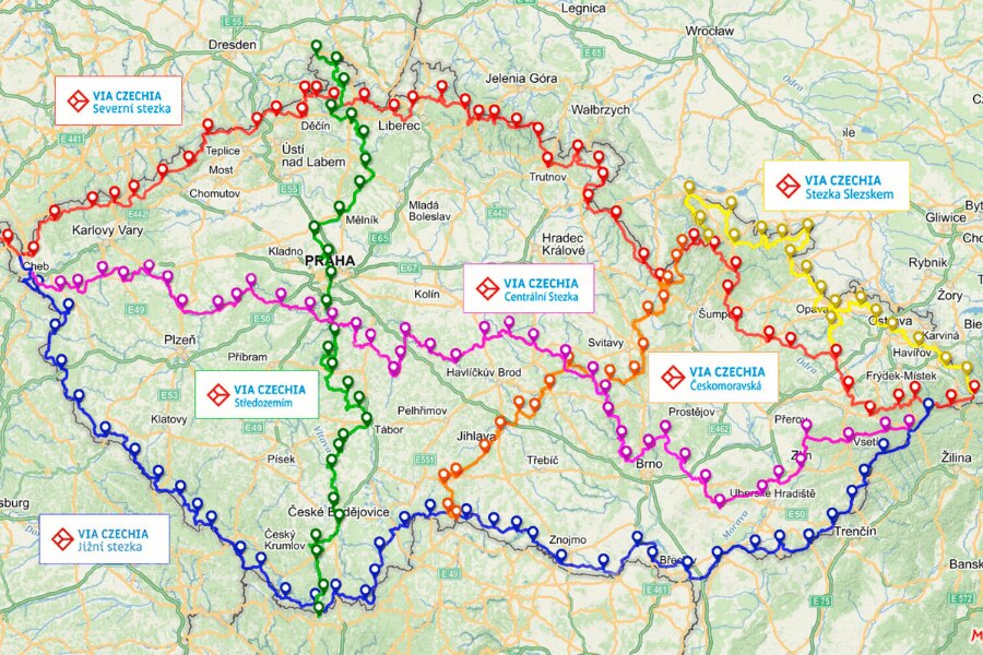 Diaľkové trasy Via Czechia - mapa