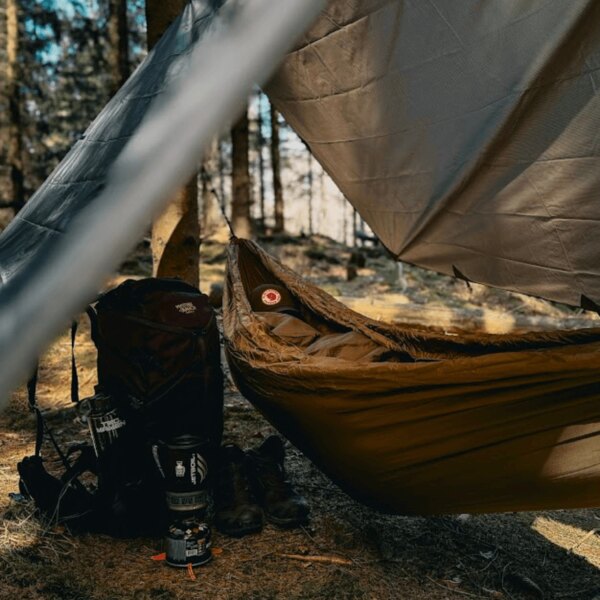 Tarp Tac Maven postavený medzi stromami s hamakou zavesenou v lese. Foto: Rigad