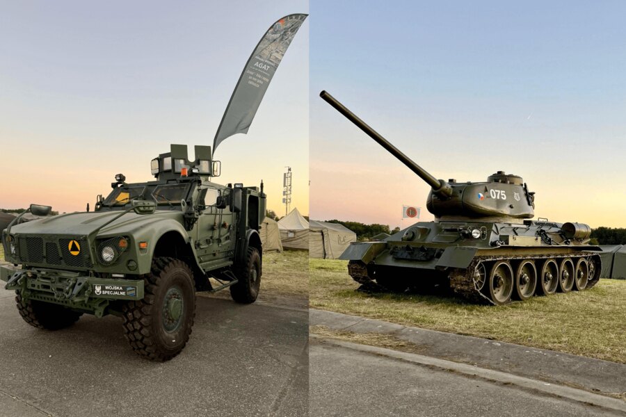 Oshkosh MRAP poľských špeciálnych síl a historický tank T-34/85 vystavený na Dňoch NATO 2025 v Ostrave. Foto: Rigad