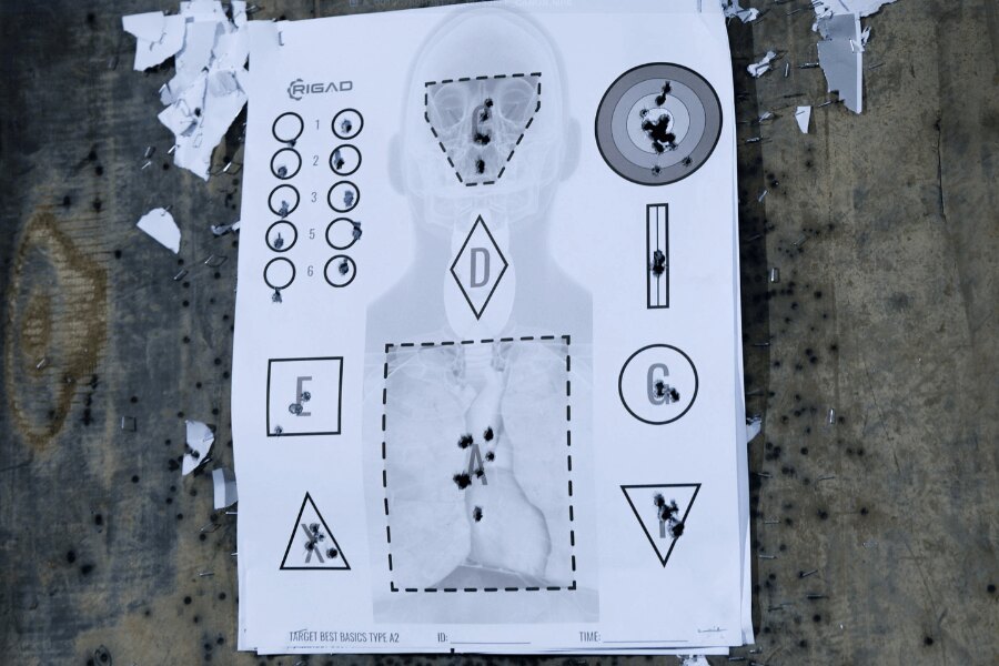 Terč Best Basics Type A2 s anatomickým podkladom, zásahovými zónami a tréningovými obrazcami po streľbe. Foto: Rigad