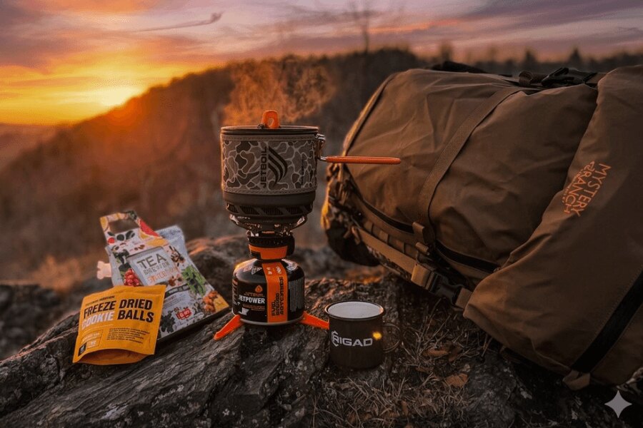 Outdoorový varič Jetboil pri príprave jedla v horách so snackmi a batohom pri západe slnka. Foto: Rigad