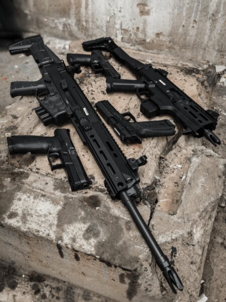 Dva samopaly CZ Scorpion EVO 3 s pištoľami v industriálnom prostredí