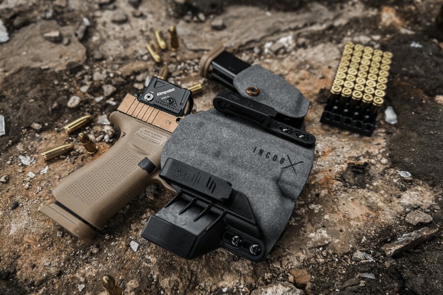 IWB puzdro Safariland Incog X s pištoľou vybavenou kolimátorom a pripojeným nosičom zásobníka.